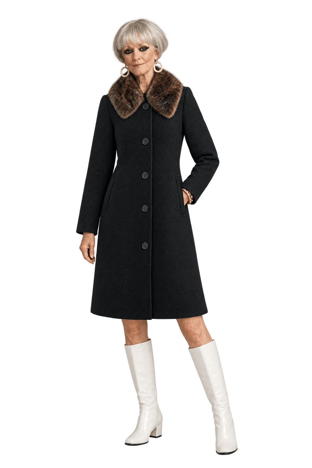 1960s Black Woven Coat with Dark Brown Fur Collar - Model