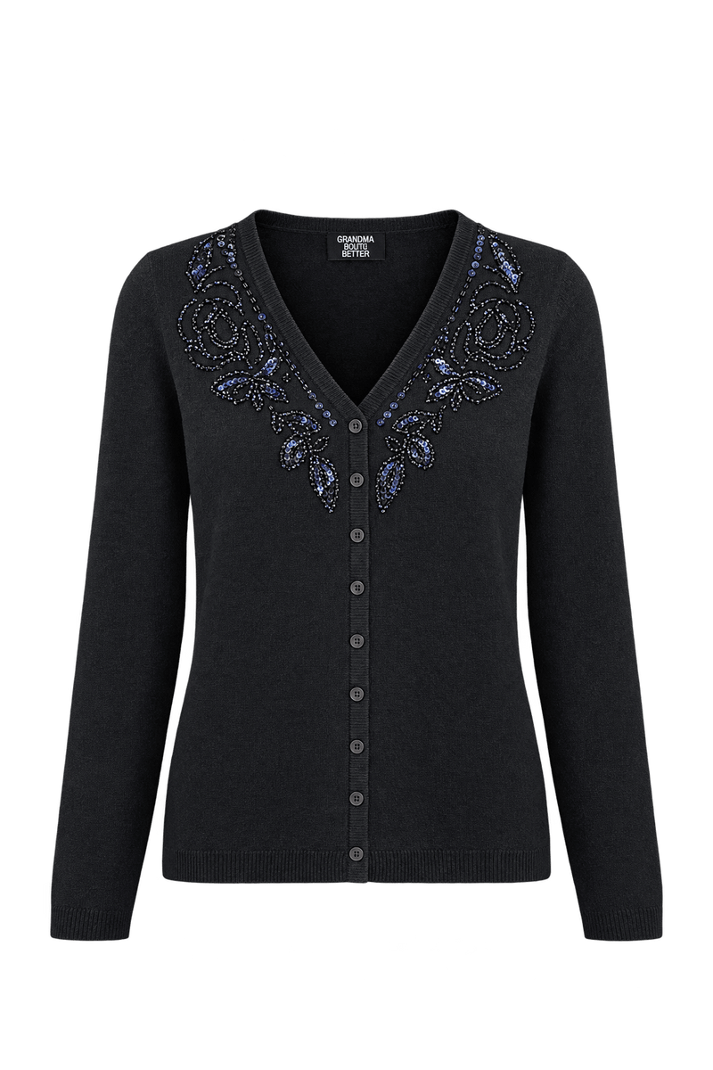 1980s Black Fine Knit Cardigan - Front View
