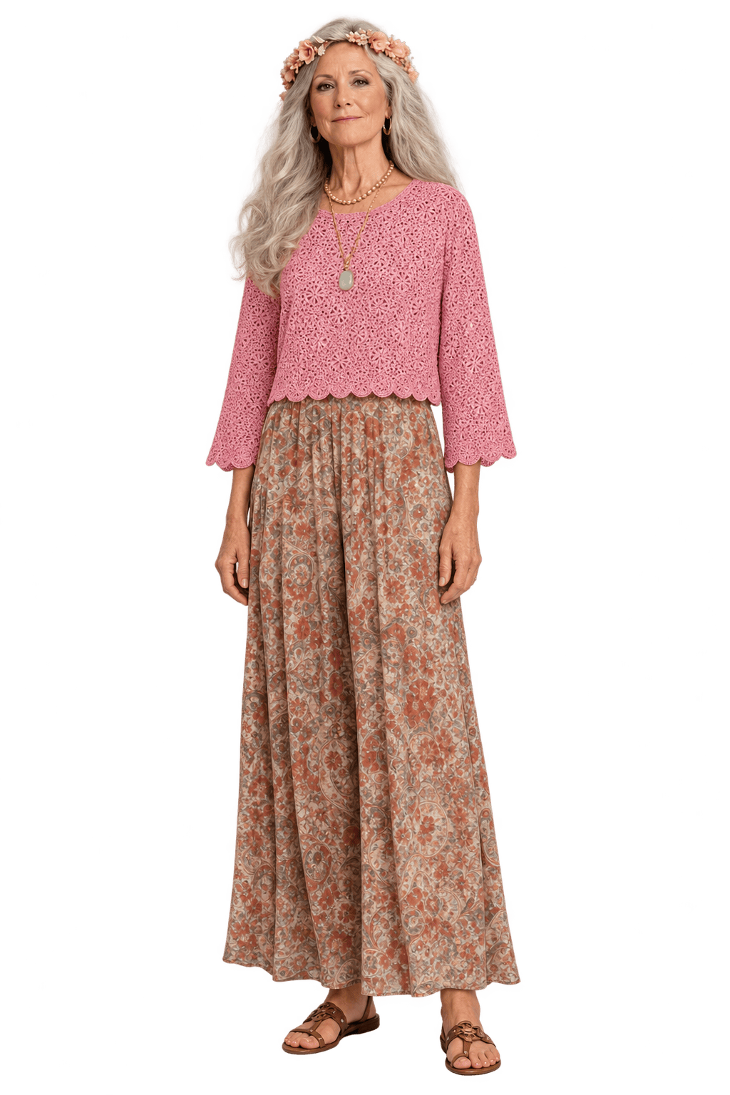 1970s Dusty Pink Crocheted Yarn Blouse - Model