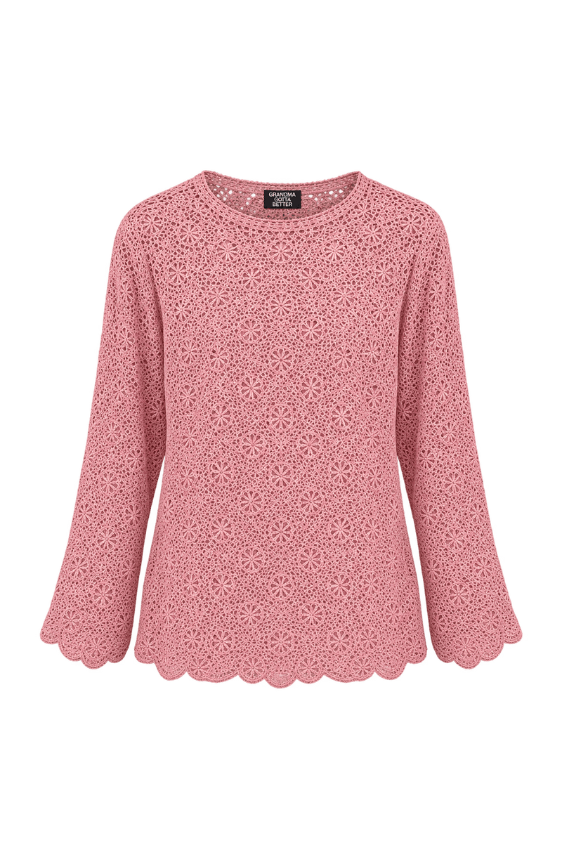 1970s Dusty Pink Crocheted Yarn Blouse - Front View