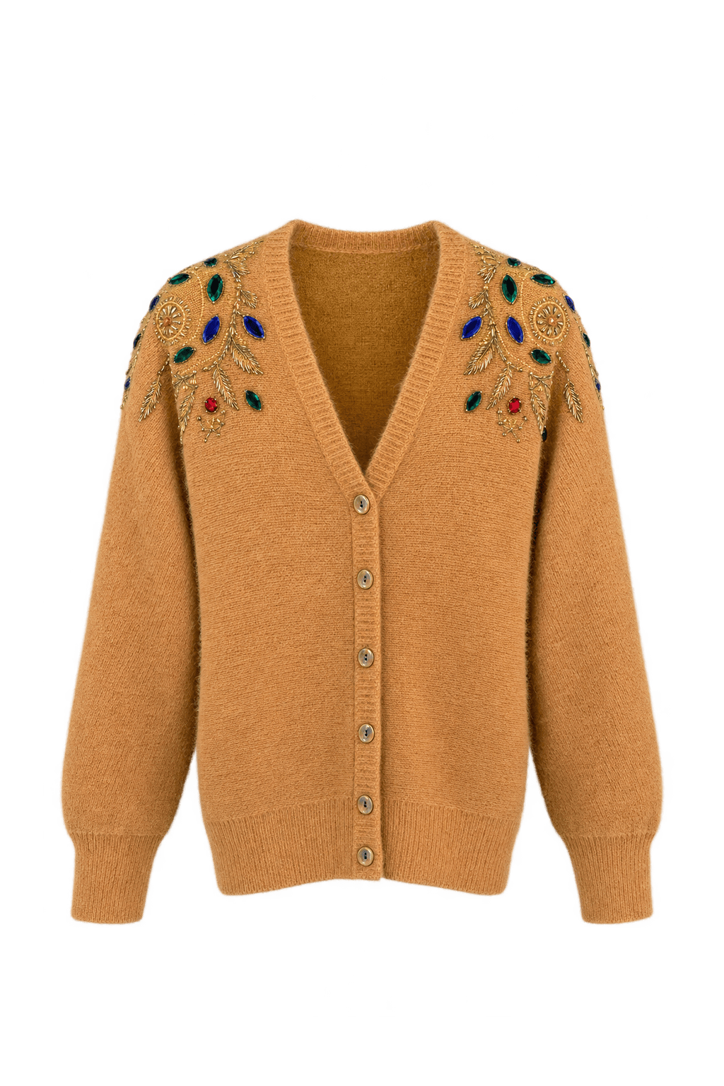 1980s Warm Peach Fuzzy Knit Cardigan - Front View