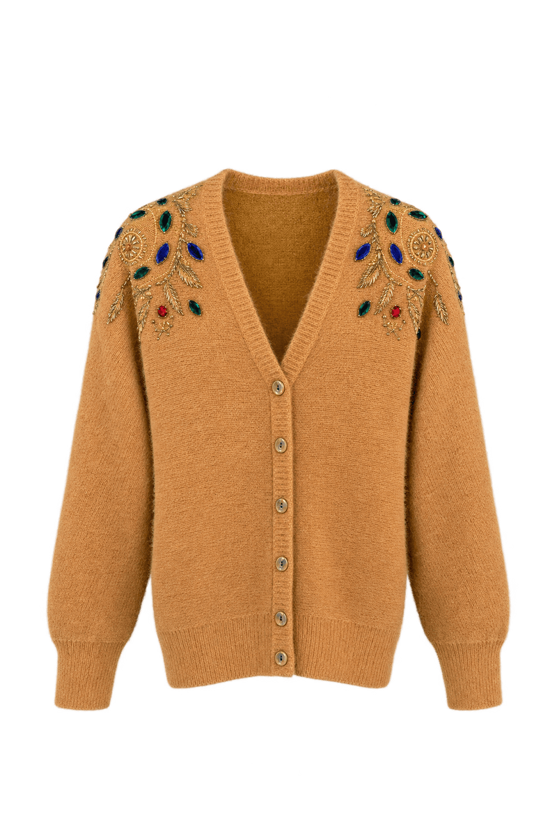 1980s Warm Peach Fuzzy Knit Cardigan - Front View