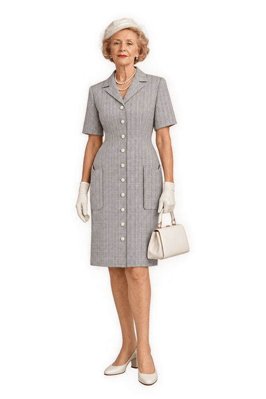 1950s Light Gray Woven Fabric Midi Dress - Model