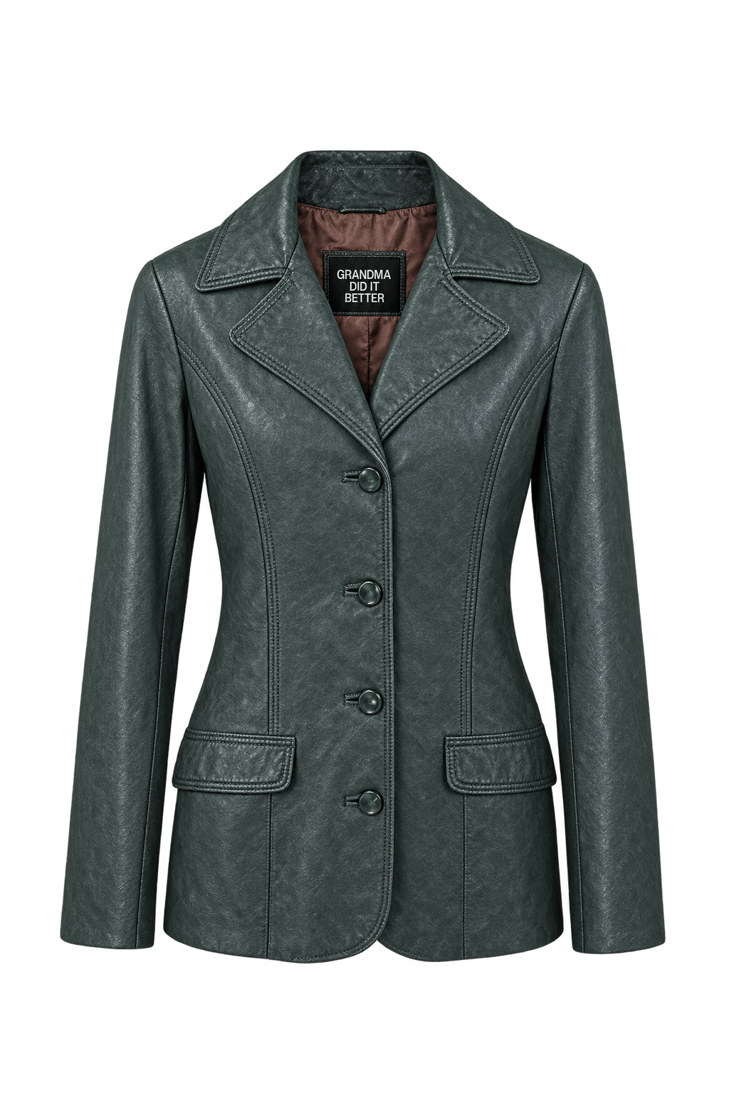 1970s Dark Blue-Green Leather Jacket - Front View