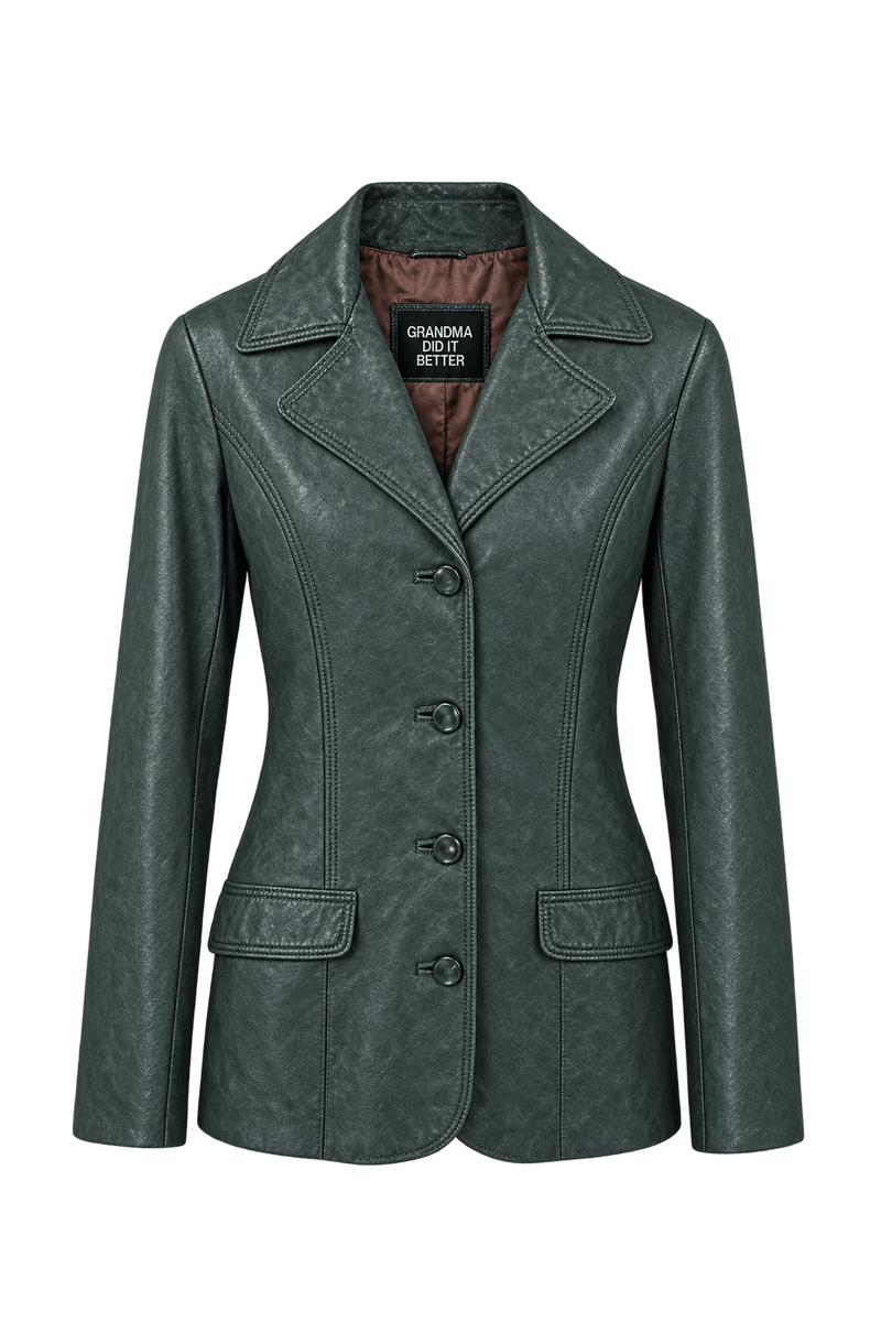 1970s Dark Blue-Green Leather Jacket - Front View