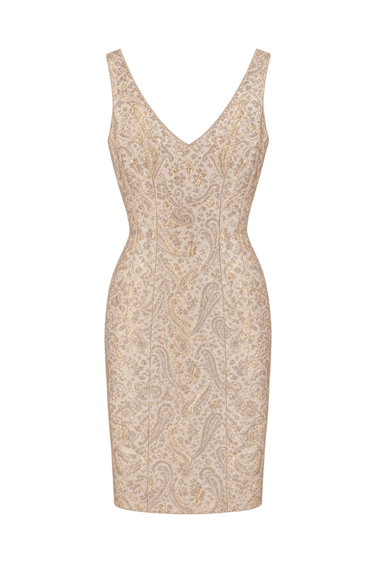 1950s Champagne Cream Woven Brocade Dress - Front View