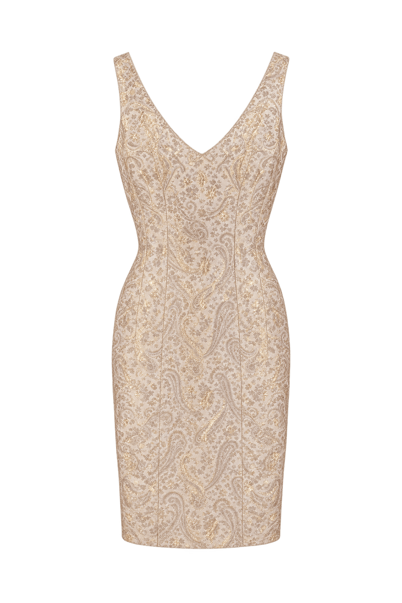 1950s Champagne Cream Woven Brocade Dress - Front View