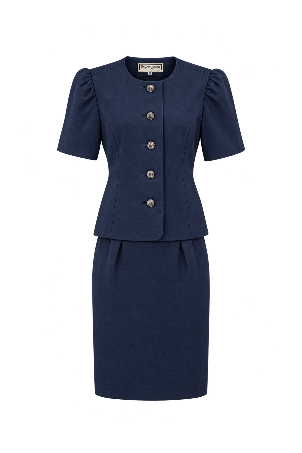 1980s Navy Blue Woven Fabric Skirt Suit - Front View