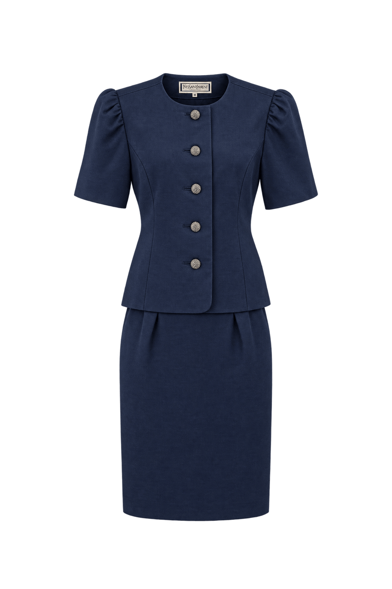 1980s Navy Blue Woven Fabric Skirt Suit - Front View