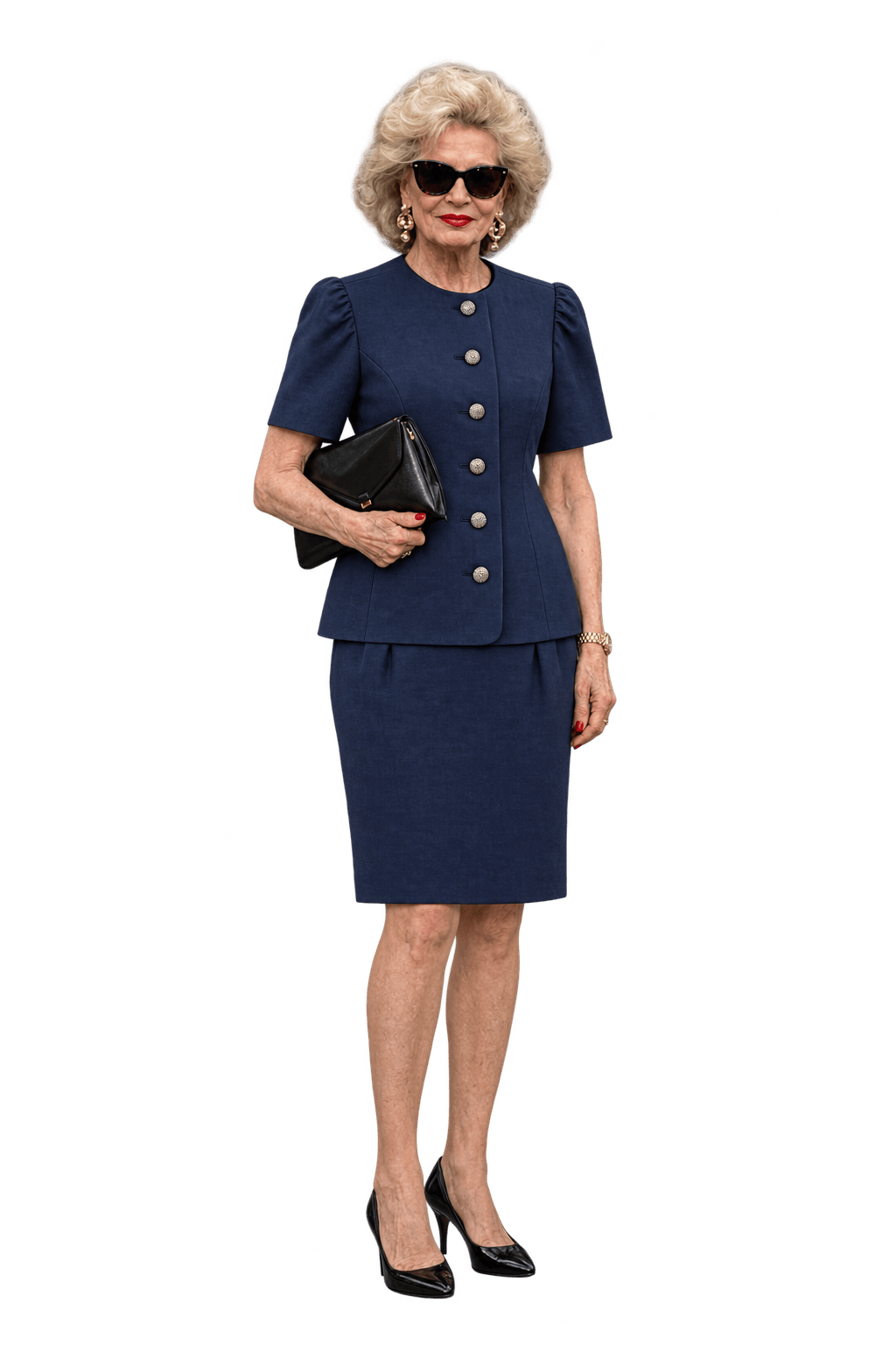 1980s Navy Blue Woven Fabric Skirt Suit - Model