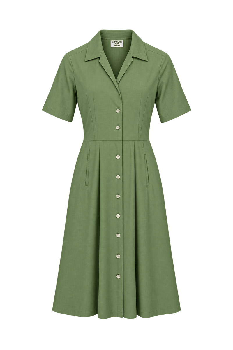 1950s Olive Green Woven Dress - Front View