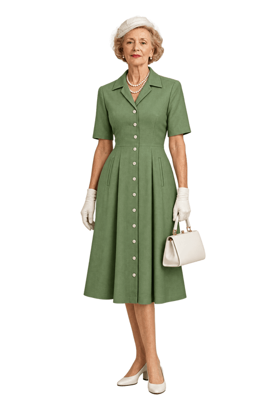 1950s Olive Green Woven Dress - Model
