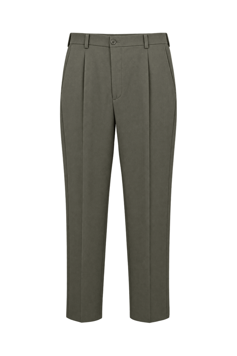 1980s Muted Olive-Khaki Woven Trousers - Front View