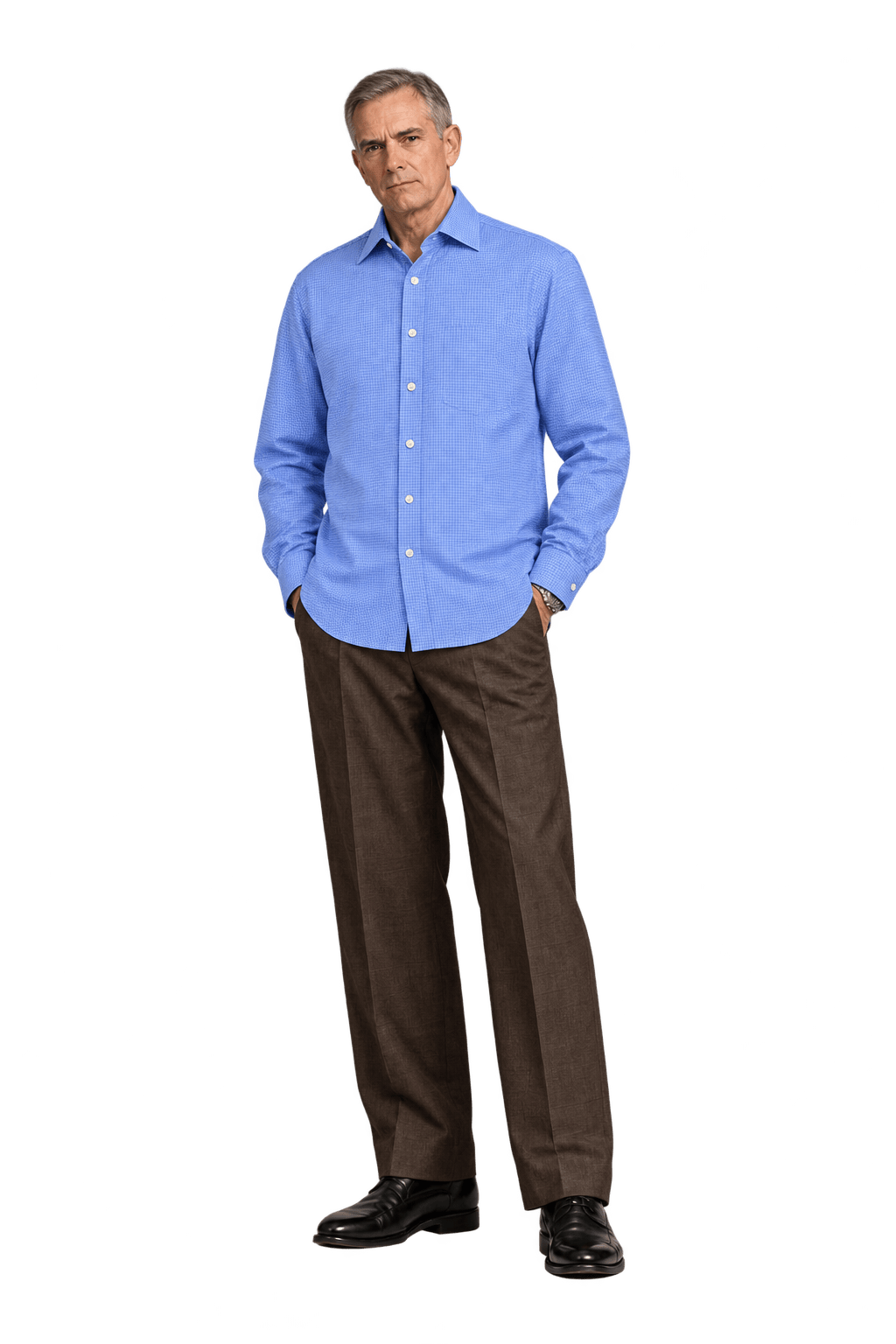 1990s Medium Blue Woven Fabric Button-Down Shirt - Model