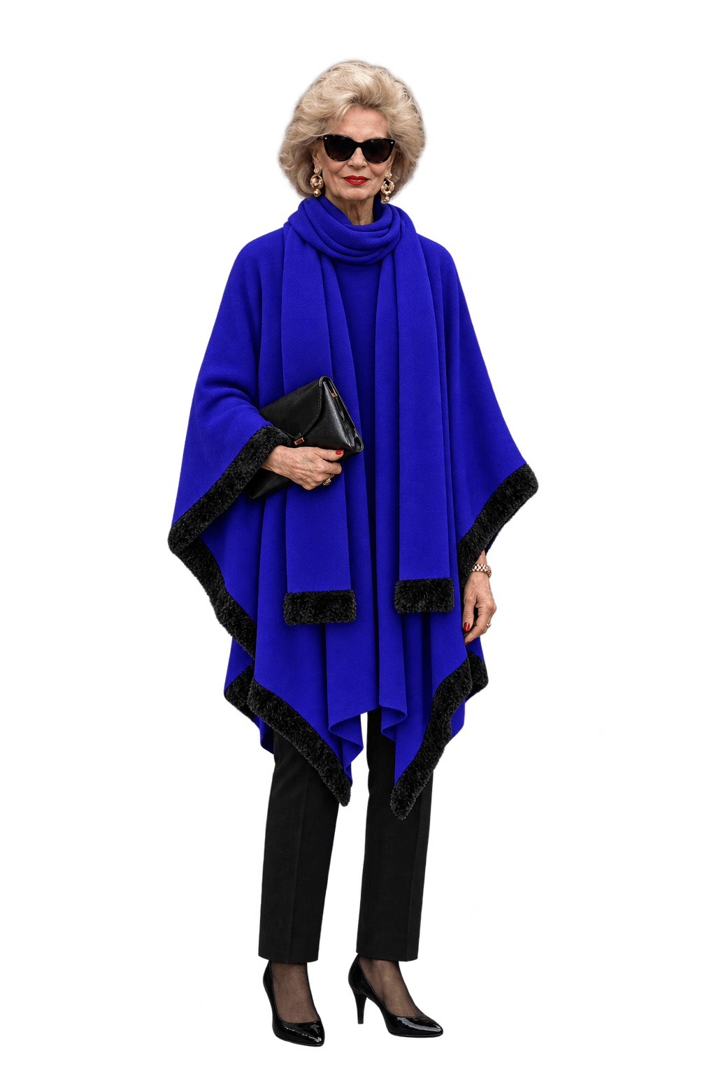 1980s Vivid Blue-Violet Knit Poncho and Scarf Set - Model