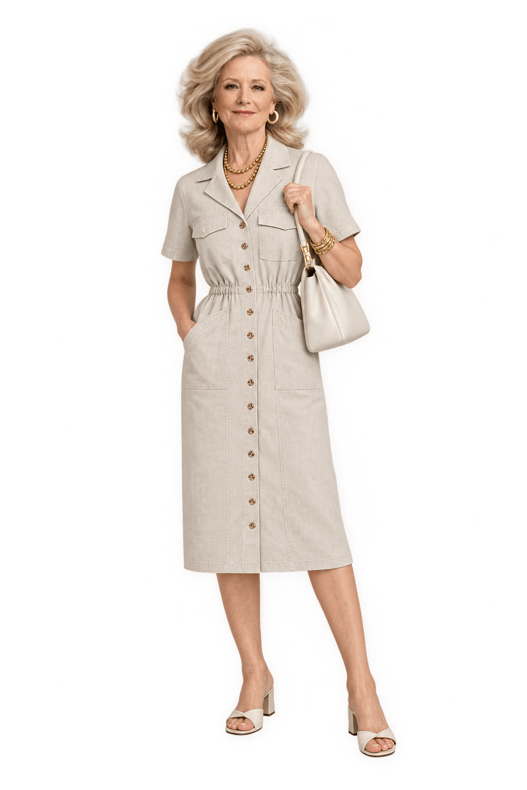 1970s Light Khaki Beige Woven Midi Dress - Model