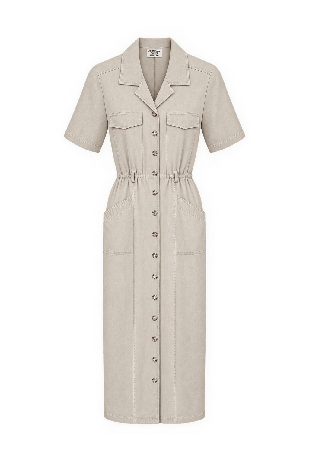1970s Light Khaki Beige Woven Midi Dress - Front View