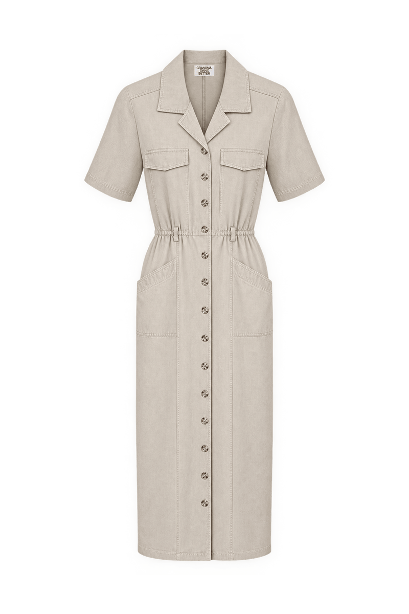1970s Light Khaki Beige Woven Midi Dress - Front View