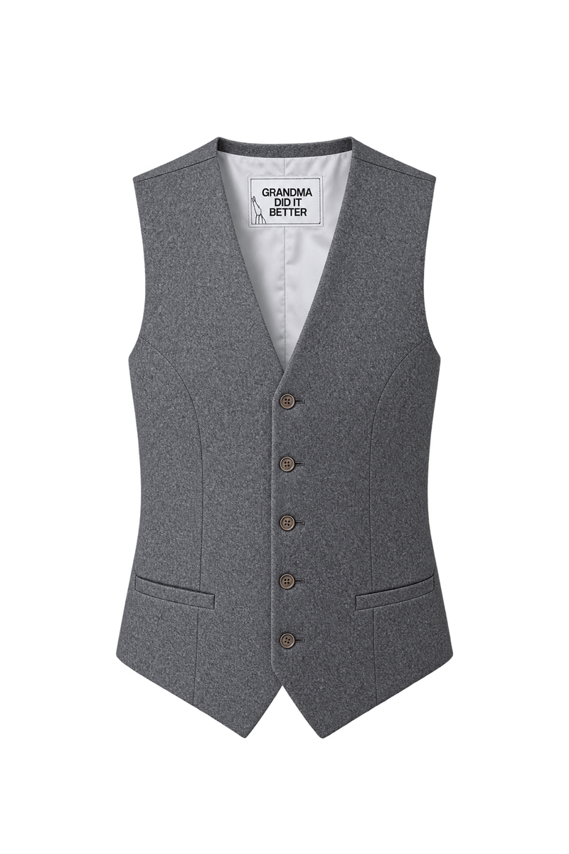 1980s Medium Grey Woven Suiting Vest - Front View
