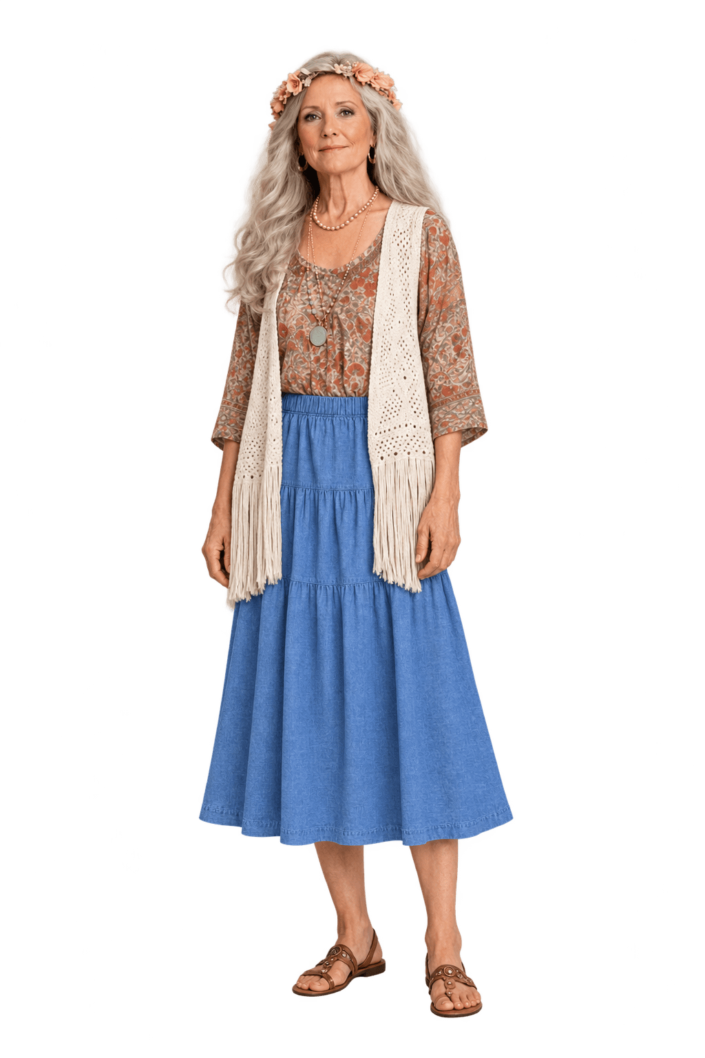1970s Light Washed Blue Cotton Chambray Skirt - Model