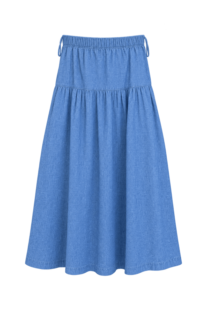 1970s Light Washed Blue Cotton Chambray Skirt - Front View