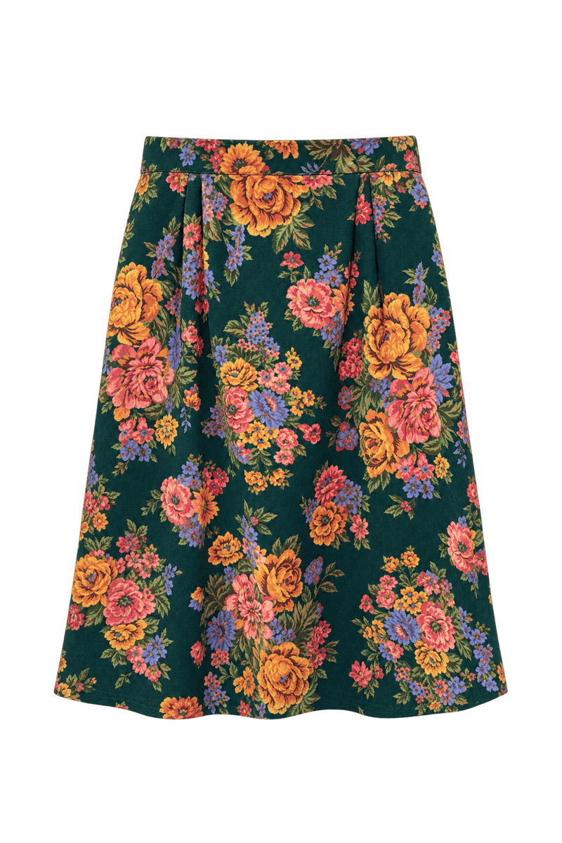1980s Deep Forest Green Woven Fabric Skirt - Front View