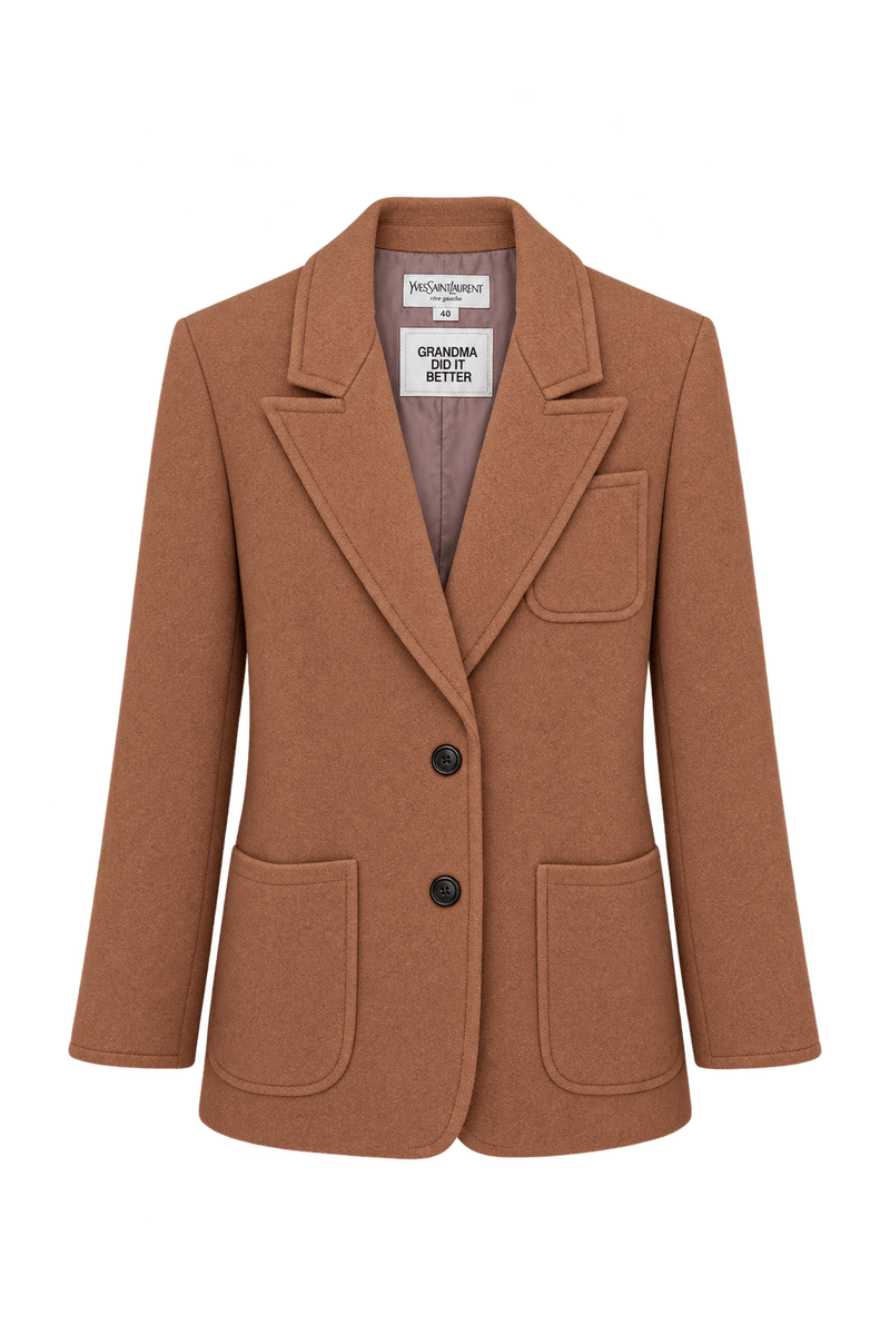 1980s Warm Camel Brown Brushed Woven Blazer - Front View
