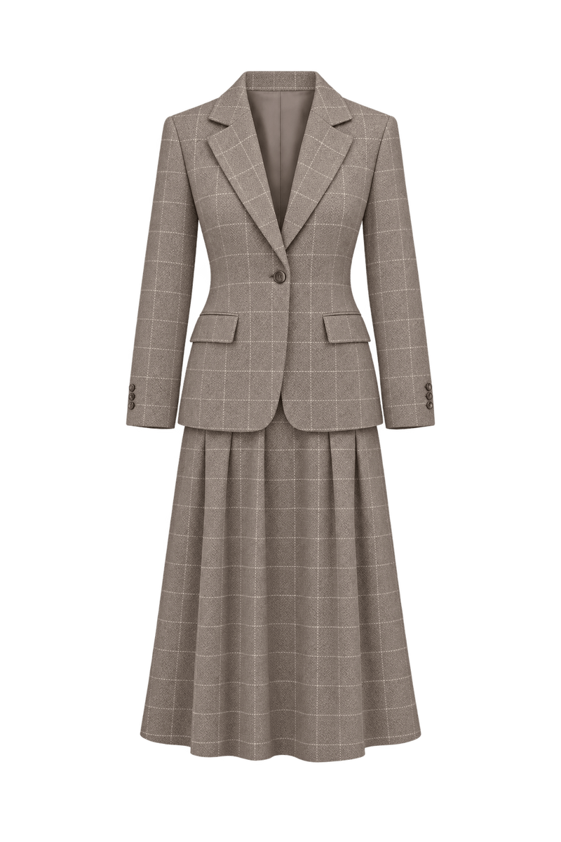1980s Warm Taupe Wool-Like Skirt Suit - Front View