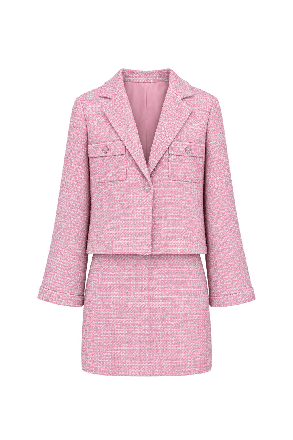 1990s Soft Pink Bouclé Skirt Suit - Front View