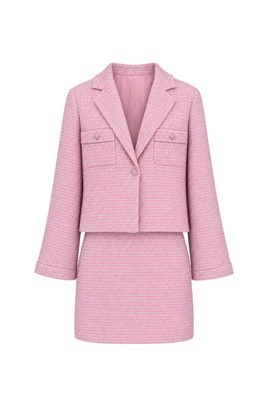 1990s Soft Pink Bouclé Skirt Suit - Front View