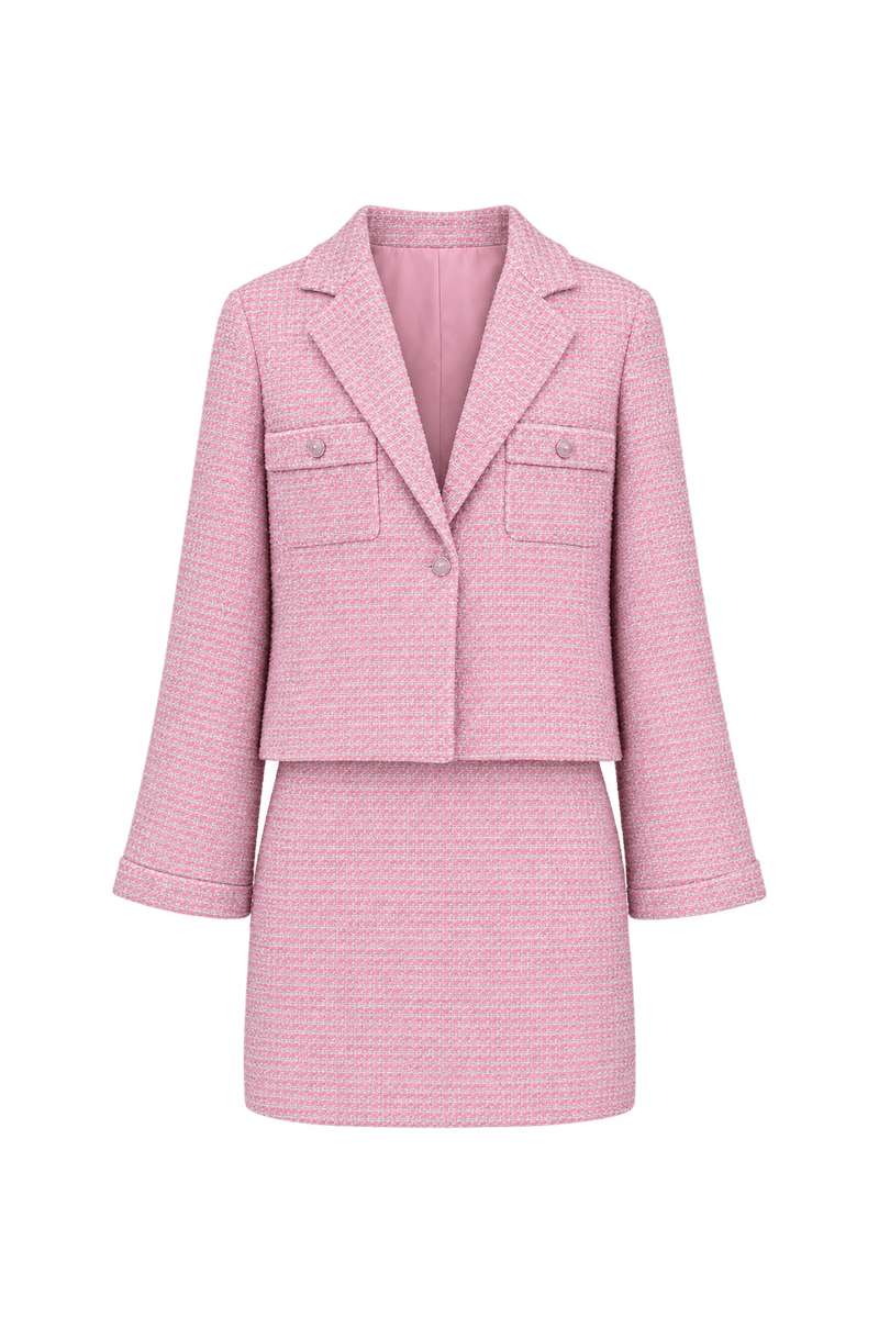 1990s Soft Pink Bouclé Skirt Suit - Front View