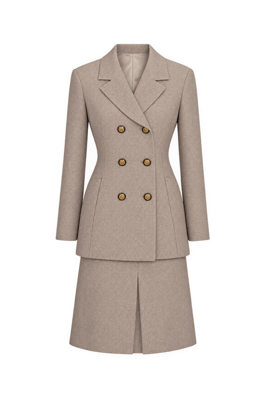 1990s Warm Beige Woven Skirt Suit - Front View