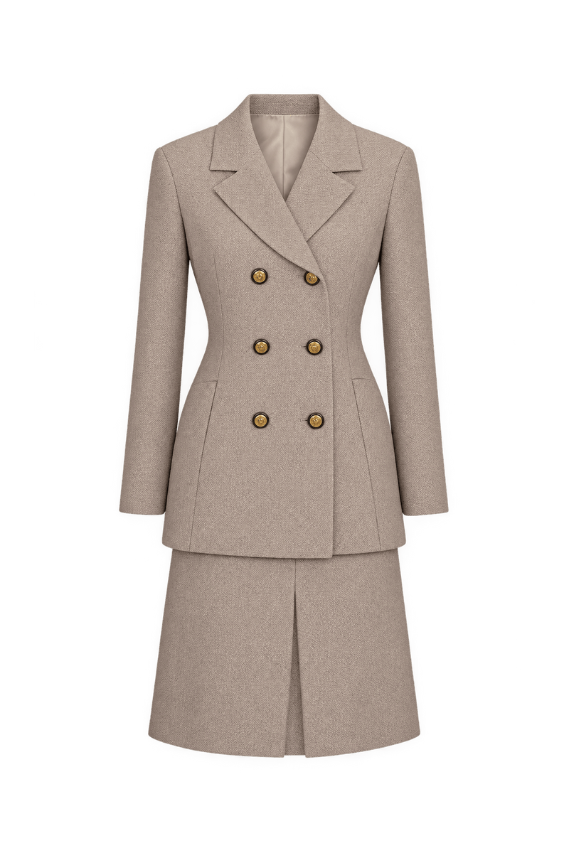 1990s Warm Beige Woven Skirt Suit - Front View
