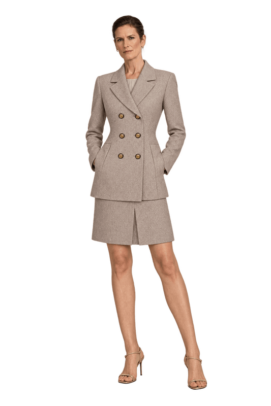 1990s Warm Beige Woven Skirt Suit - Model