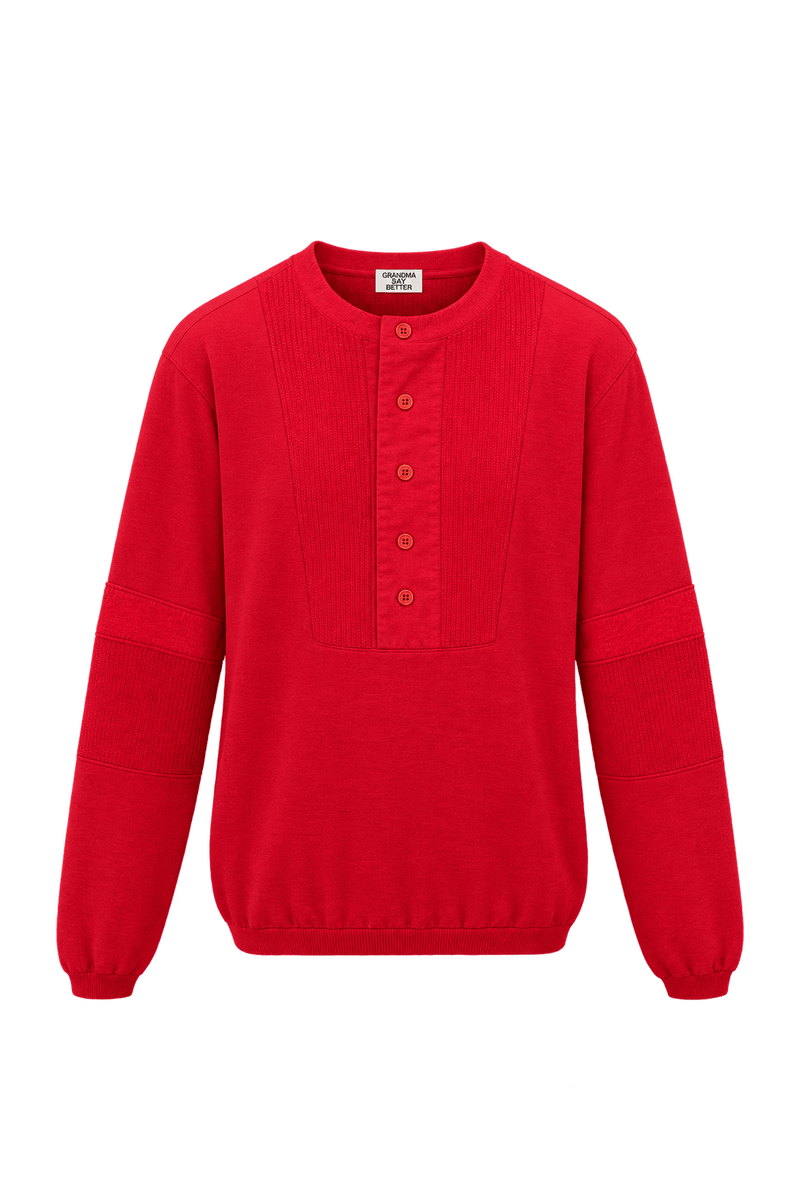 1980s Bright Red Cotton-Blend Knit Henley - Front View