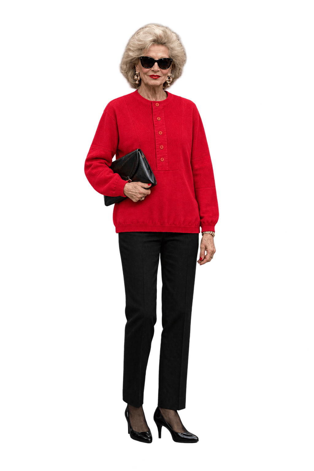 1980s Bright Red Cotton-Blend Knit Henley - Model