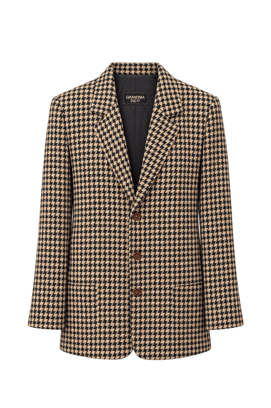 1980s Black Houndstooth Woven Blazer - Front View