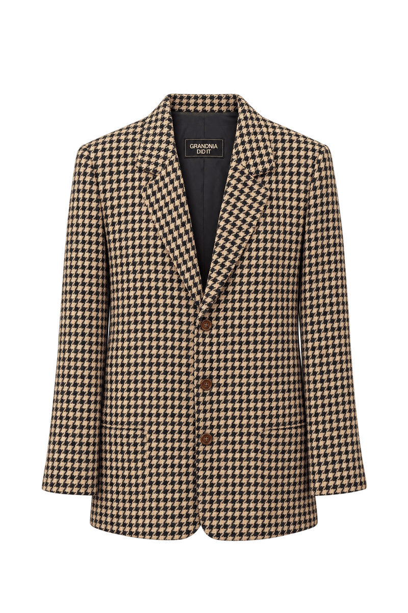 1980s Black Houndstooth Woven Blazer - Front View