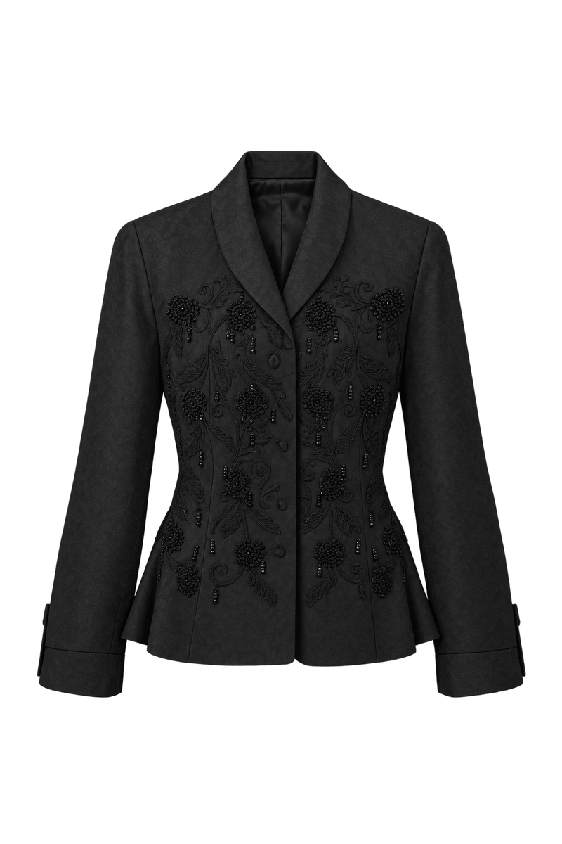 1990s Black Woven Fabric Blazer - Front View