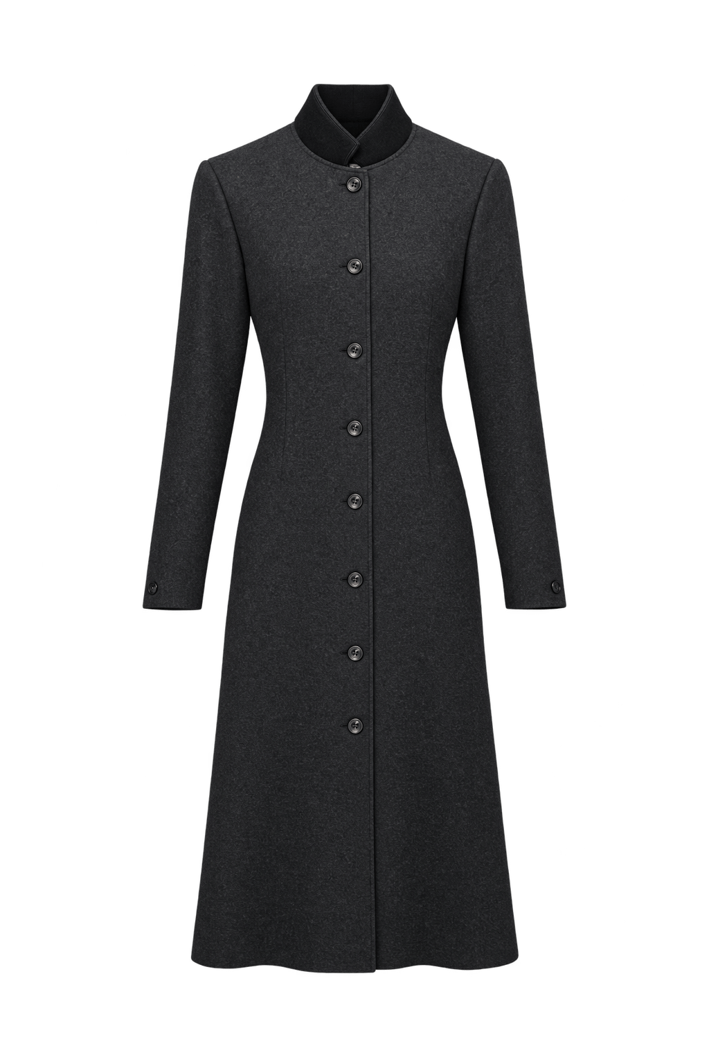 1980s Charcoal Black Wool-Blend Coat - Front View