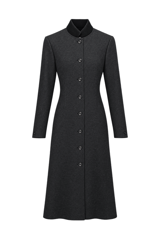 1980s Charcoal Black Wool-Blend Coat - Front View