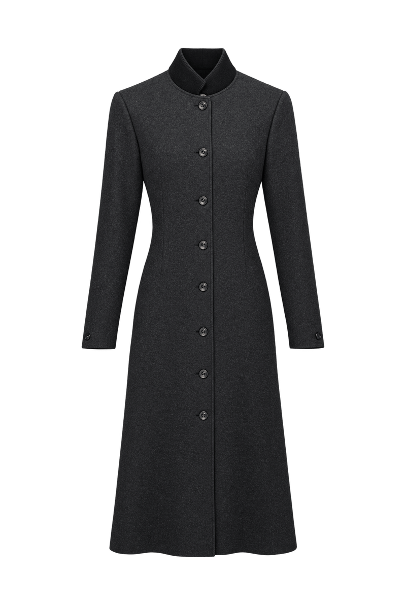 1980s Charcoal Black Wool-Blend Coat - Front View