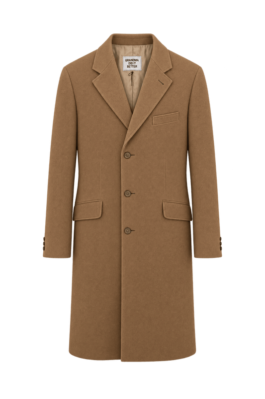 1980s Camel Brown Wool Coat - Front View