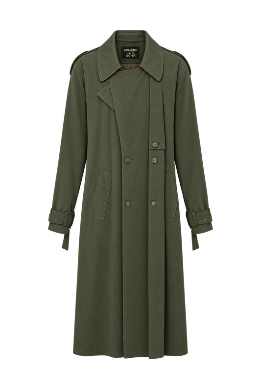 1980s Olive Drab Green Woven Fabric Trench Coat - Front View
