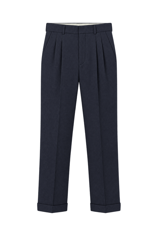 1980s Dark Navy Blue Wool-like Woven Trousers - Front View