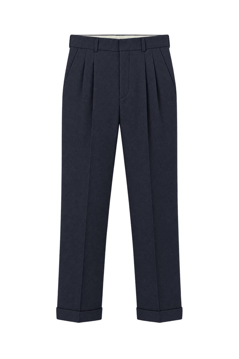 1980s Dark Navy Blue Wool-like Woven Trousers - Front View