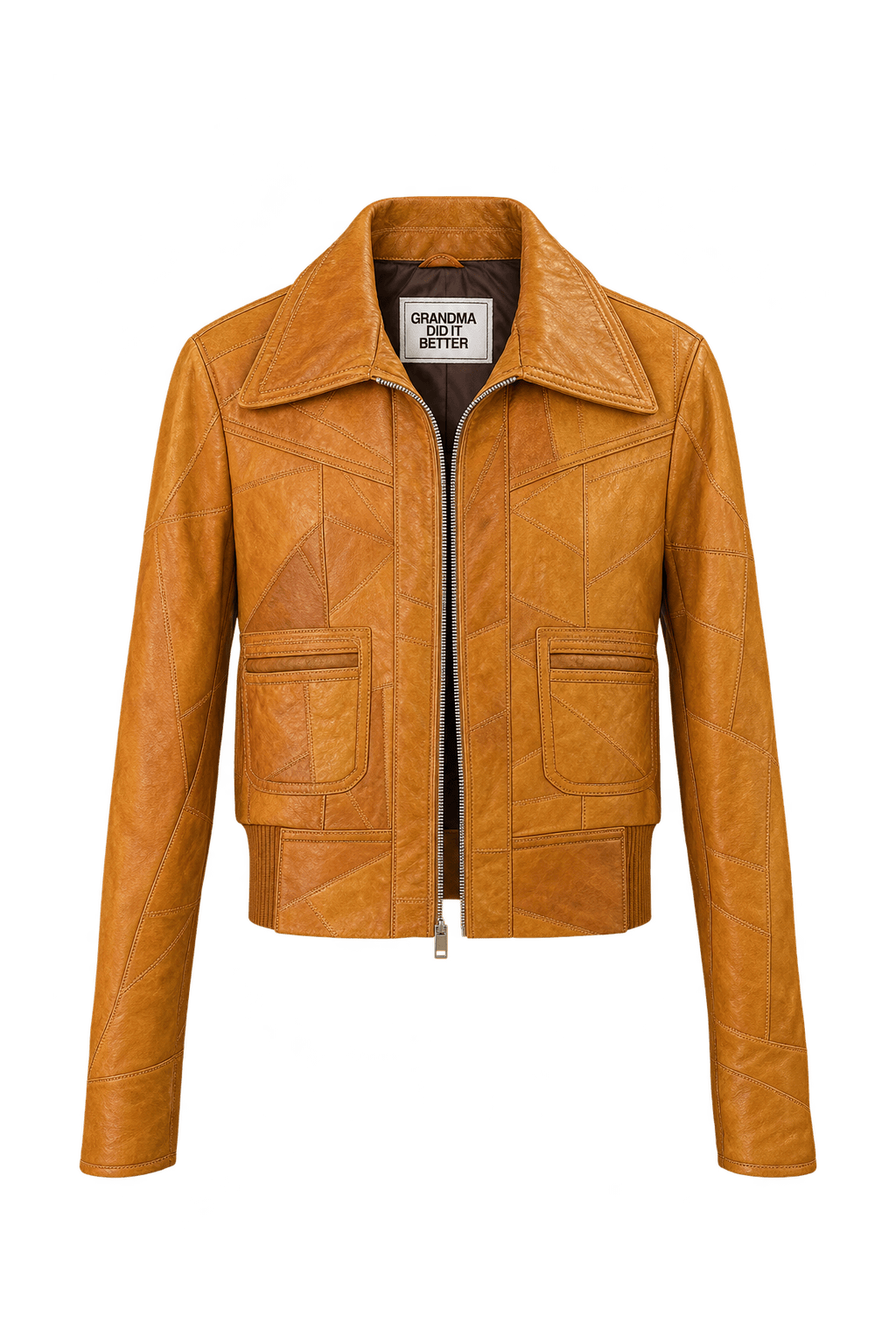 1970s Warm Cognac Brown Leather Jacket - Front View