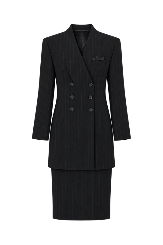 1980s Black Woven Skirt Suit - Front View