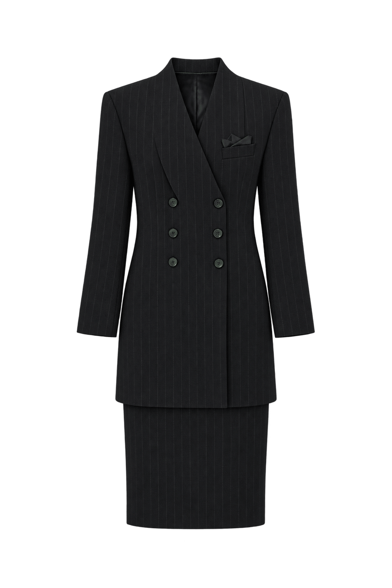 1980s Black Woven Skirt Suit - Front View