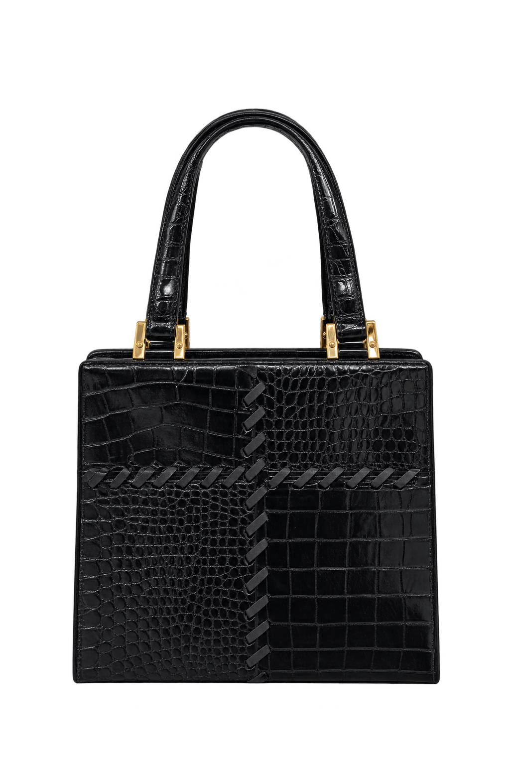 1980s Glossy Black Leather-like Handbag - Front View